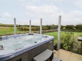 A hot tub with a view of grass and stone wall at Cae Sam in Pentraeth