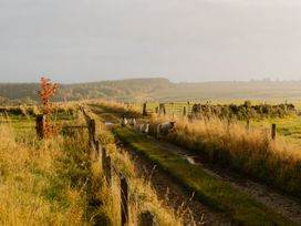 A dirt road with sheep grazing in a field at Troutbeck Cottage Spa in Penrith