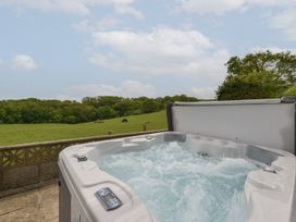 A hot tub with a view of grass and trees at Long Linney in Bideford