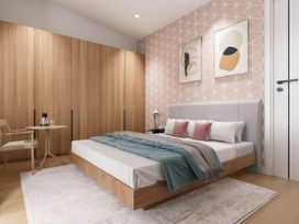 A bedroom with a bed and wardrobe at Kew Villa (Pet) Marhamchurch