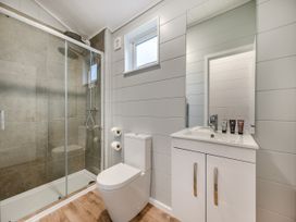 A bathroom with a shower, toilet, and sink at Kynance (Pet) Bude