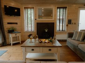 A living room with a television, table, and fireplace at Spitfire Lodge in Fair Oak