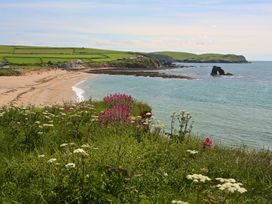 A beach with rocks and flowers near the water at 8 Thurlestone Beach in Kingsbridge