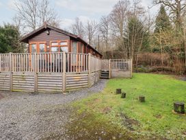 A cabin with a deck surrounded by trees at Kingfisher Lodge, Grasmere 33, White Cross Bay near Windermere