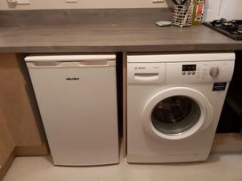 A fridge and washing machine side by side in a kitchen at 87 Ballyveaghmore Road in Newry