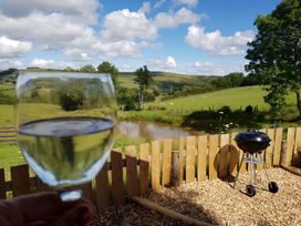 An outdoor area with a glass of drink, a pond, and a barbecue at Bryn Mawr Cabin in Craven Arms