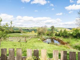 A view of a field with a pond and sheep at Bryn Mawr Cabin in Clun