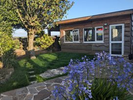 An outdoor area with a cabin, pathway, and flowers at The Retreat Cabin in Llanelli