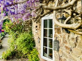 A window with a stone wall and flowering plants at The Bark House in Tiverton