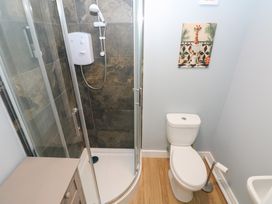 A bathroom with a shower and a toilet at Heidiaway Lodge in Gilfach Goch