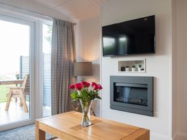 A living room with a fireplace and television at Nethermill Lodges in Port Glasgow
