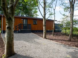 A wooden lodge with a gravel pathway and surrounding trees at Nethermill Lodges in Port Glasgow