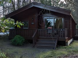 A log cabin with a deck and stairs at Pineshadow Lodge in Louth