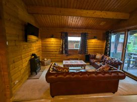 A living room with a sofa, coffee table, and a wood stove at Pineshadow Lodge in Louth