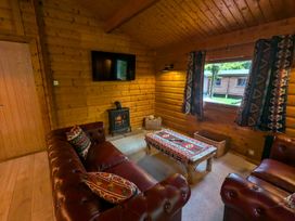 A living room with a fireplace and sofa at Pineshadow Lodge in Louth