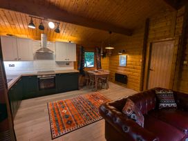 A kitchen and living area with a rug and dining table at Pineshadow Lodge in Louth