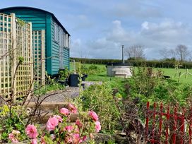 An outdoor area with a shepherd's hut and a hot tub at Bluebell Shepherd’s Hut in Llanfairpwllgwyngyll