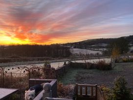 A sunset over fields with a dog in the foreground at Shepherds hut in Dumfries