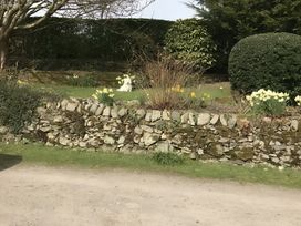 A garden with flowers and a dog at Shepherds hut Dumfries