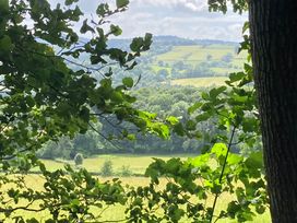 A view through tree branches showing hills and fields at The Tree House in the Woods Longhope