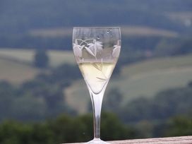 A glass with a beverage in an outdoor setting at Cosy Shepherd’s Hut Longhope