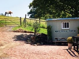 An outdoor scene with a horse near a gate at May Hill Farm in Longhope