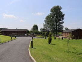 An outdoor area with lodges and grassy landscape at Pine Lodge in Lloc near Caerwys