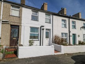 A row of houses with front doors and gardens at Tegfan in Garndolbenmaen near Porthmadog