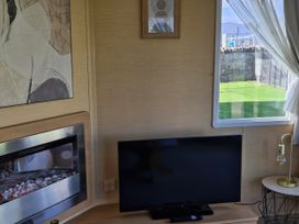 A living room with a television and electric fireplace at Red Lion Caravan Park