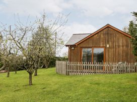 A cabin with a wooden exterior in a garden at Orchard Cottage Ledbury