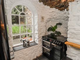 A kitchen with a window, oven and plant at The Secret Garden in Narberth
