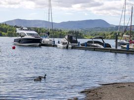 A view of boats at a dock with ducks in the water at Waters Edge Lodge in Windermere