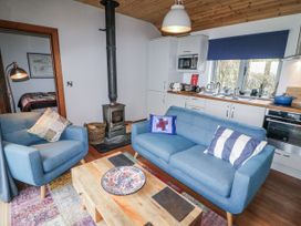 A living room with a sofa and stove at The Faithfuls Cabin in Dingle