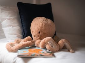 A soft toy octopus and a book on a bed at 28 Piazza St Ives