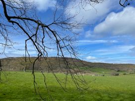 A landscape with tree branches and hills at Inglewood Bach Conwy