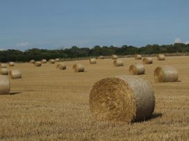 A field with hay bales in a rural area at Woodland Lodge The Snug Filby