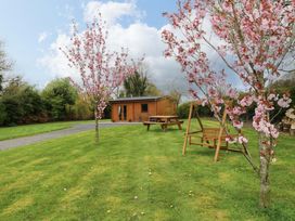 An outdoor space with a log cabin and cherry trees at Nellies Log Cabin Kilcogy