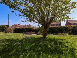 A garden with a tree and picnic table at Seashells at Runswick Lodge in Runswick Bay