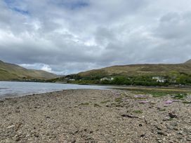 A beach area with rocks and flowers near the water at The Cottage in Leenane, County Galway