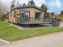 A cabin with a deck and hanging plants at Tulip in Eardisland