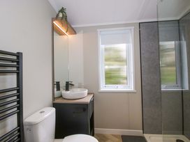 A bathroom with a sink, toilet, and shower at Tulip in Eardisland