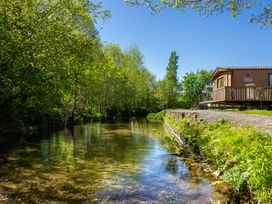 A cabin by the river with trees and water at Tulip in Eardisland