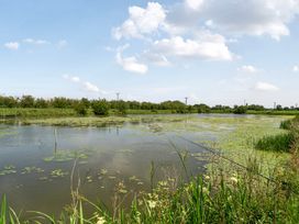 A tranquil water scene with lily pads and greenery at Poker Lodge near Brigg