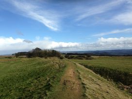 A grassy path leading through fields with trees in the distance under a blue sky at Lakeview Yurt in Beckford near Tewkesbury