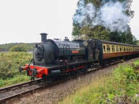 A steam locomotive with a train on railway tracks at 8 Railway Cottages Ulverston