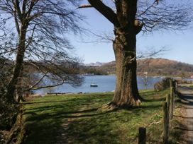 A lake with a tree and mountains in the background at 8 Railway Cottages Ulverston