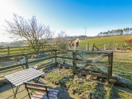 A table and chair with a horse in the background at Dove Cottage in Hexham