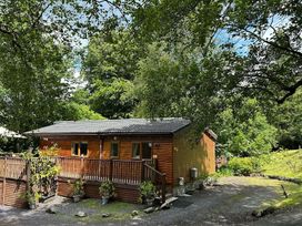 A wooden cabin with a deck surrounded by greenery at Owls House - White Cross Bay Windermere