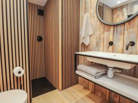 A bathroom with a sink, toilet, and shower at Riverside Lodge in Afonwen