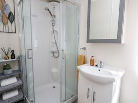A bathroom with a shower, sink, and mirror at 33 Woodpecker Lodge in Llanarth